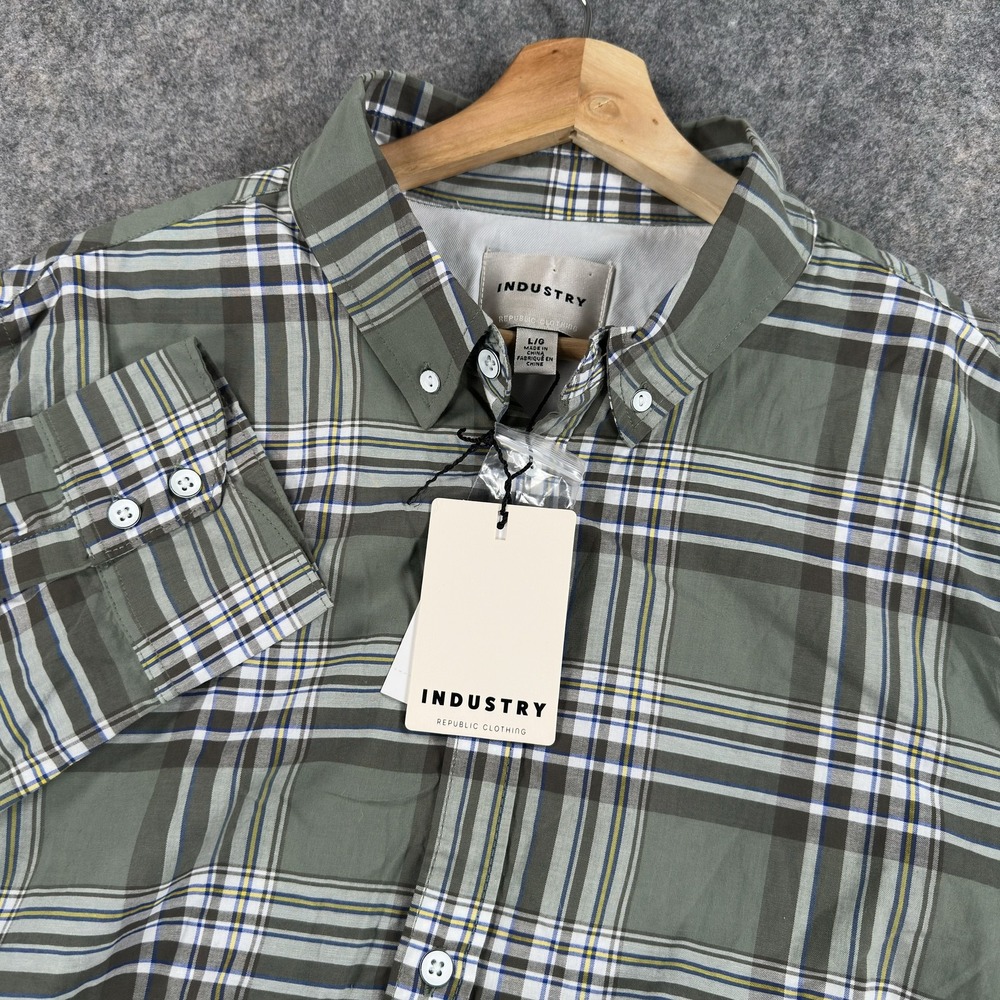 Industry Shirt Mens Large Green Plaid Cotton Long Sleeve Button Front Casual